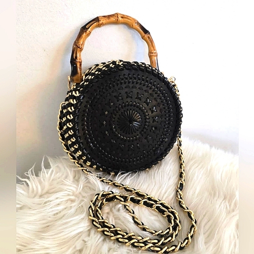 Handwoven Tambourine Black Purse With Wooden Handle And Chain Strap